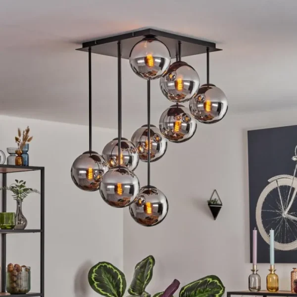 hofstein Gastor Plafonnier, Boule lumineuse Chrome, Fumé, 9 lumières* Lampes Modernes