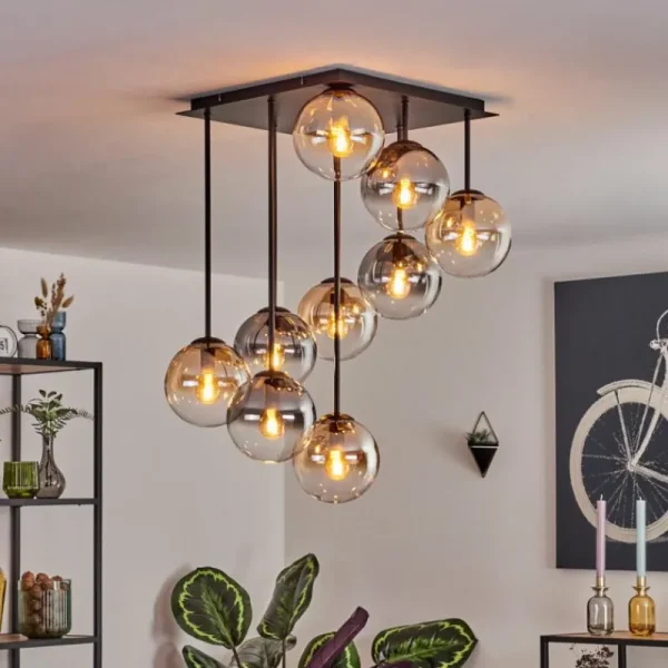 hofstein Gastor Plafonnier, Boule lumineuse Ambre, Clair, Fumé, 9 lumières* Lampes Modernes