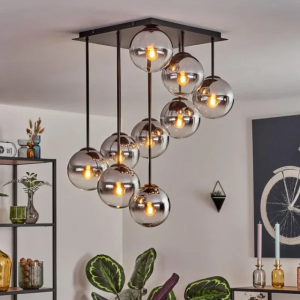 hofstein Gastor Plafonnier, Boule lumineuse Chrome, Clair, Fumé, 9 lumières* Lampes Modernes