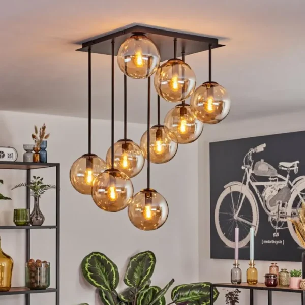 hofstein Gastor Plafonnier, Boule lumineuse Ambre, 9 lumières* Lampes En Verre