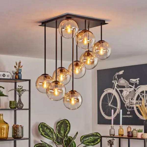 hofstein Gastor Plafonnier, Boule lumineuse Ambre, Clair, 9 lumières* Lampes En Verre