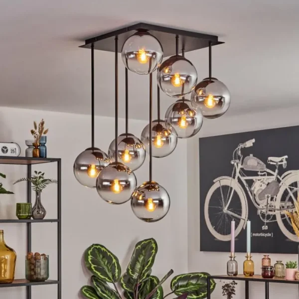 hofstein Gastor Plafonnier, Boule lumineuse Chrome, Clair, Fumé, 9 lumières* Lampes Modernes