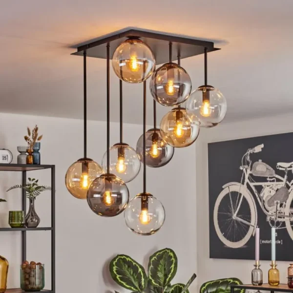 hofstein Gastor Plafonnier, Boule lumineuse Ambre, Clair, Fumé, 9 lumières* Lampes Modernes