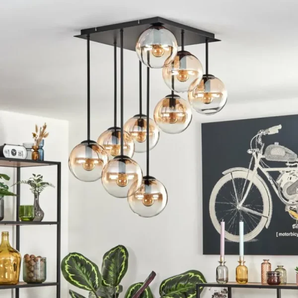 hofstein Gastor Plafonnier, Boule lumineuse Ambre, Clair, 9 lumières* Lampes En Verre