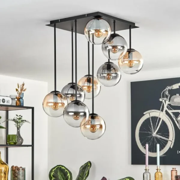 hofstein Gastor Plafonnier, Boule lumineuse Ambre, Clair, Fumé, 9 lumières* Lampes Modernes