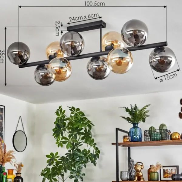 hofstein Gastor Plafonnier, Boule lumineuse Ambre, Fumé, 10 lumières* Lampes Modernes