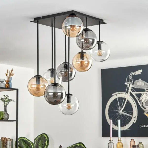 hofstein Gastor Plafonnier, Boule lumineuse Ambre, Clair, Fumé, 9 lumières* Lampes Modernes
