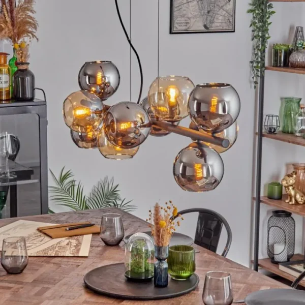 hofstein Gastor Suspension, Boule lumineuse, Suspension Ambre, Chrome, Fumé, 10 lumières* Lampes Modernes