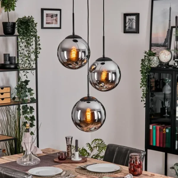 hofstein Gastor Suspension, Boule lumineuse 30 cm Chrome, Fumé, 3 lumières* Lampes Modernes