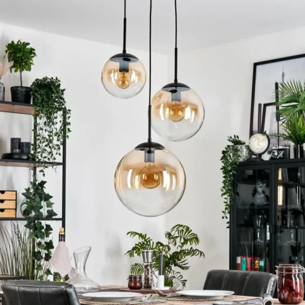 hofstein Gastor Suspension, Boule lumineuse, Suspension 30 cm Ambre, Clair, 3 lumières* Lampes En Verre