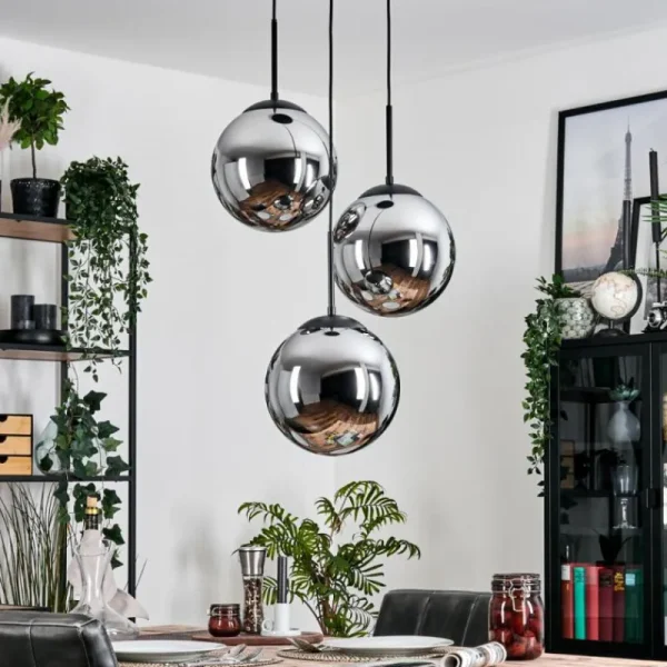 hofstein Gastor Suspension, Boule lumineuse 30 cm Chrome, Fumé, 3 lumières* Lampes Modernes