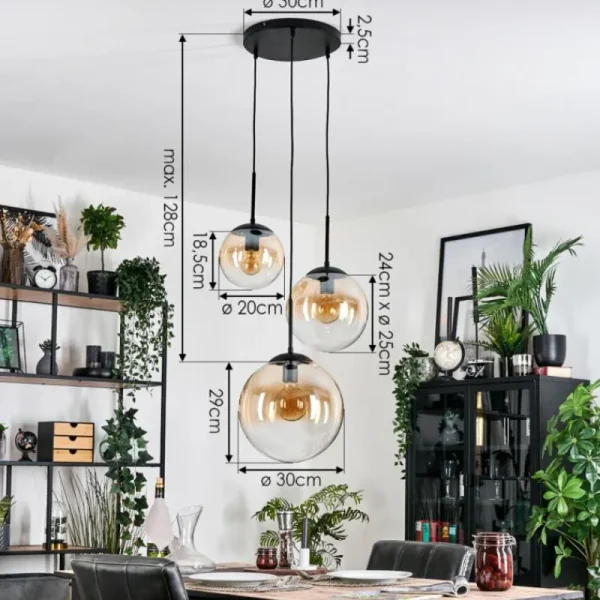 hofstein Gastor Suspension, Boule lumineuse, Suspension 30 cm Ambre, Clair, 3 lumières* Lampes En Verre