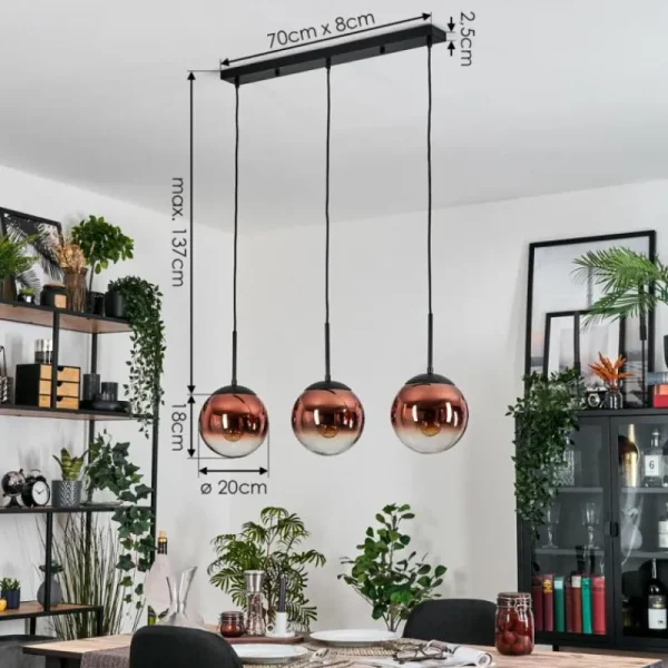 hofstein Gastor Suspension, Boule lumineuse, Suspension 20 cm Clair, Cuivré, 3 lumières* Lampes En Verre