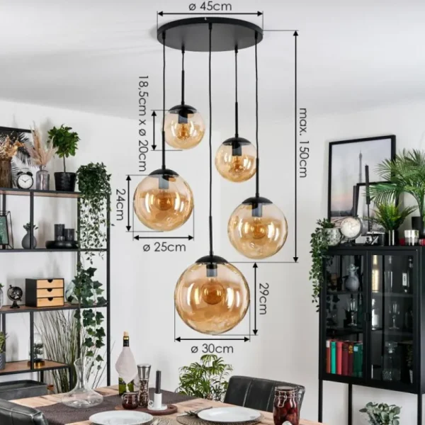 hofstein Gastor Suspension, Boule lumineuse 45 cm Noir, 5 lumières* Lampes En Verre
