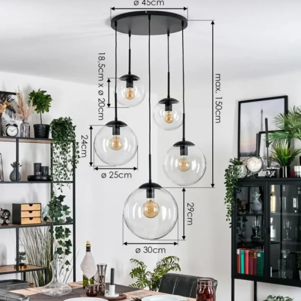 hofstein Gastor Suspension, Boule lumineuse 45 cm Noir, 5 lumières* Lampes En Verre
