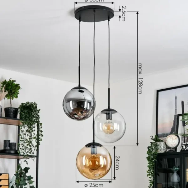 hofstein Gastor Suspension, Boule lumineuse Ambre, Clair, Fumé, 3 lumières* Lampes Modernes