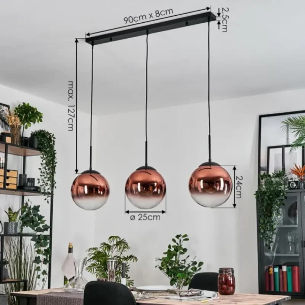 hofstein Gastor Suspension, Boule lumineuse, Suspension Clair, Cuivré, 3 lumières* Lampes En Verre