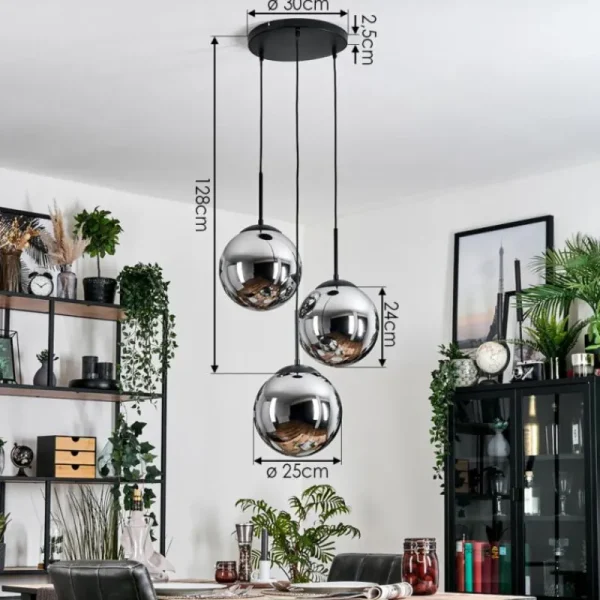 hofstein Gastor Suspension, Boule lumineuse 30 cm Chrome, Fumé, 3 lumières* Lampes Modernes