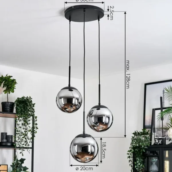 hofstein Gastor Suspension, Boule lumineuse Chrome, Fumé, 3 lumières* Lampes Modernes