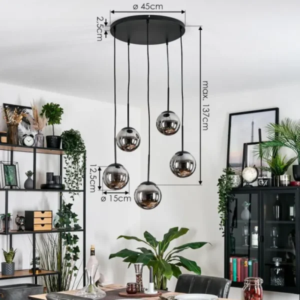 hofstein Gastor Suspension, Boule lumineuse, Suspension Fumé, 5 lumières* Lampes Modernes