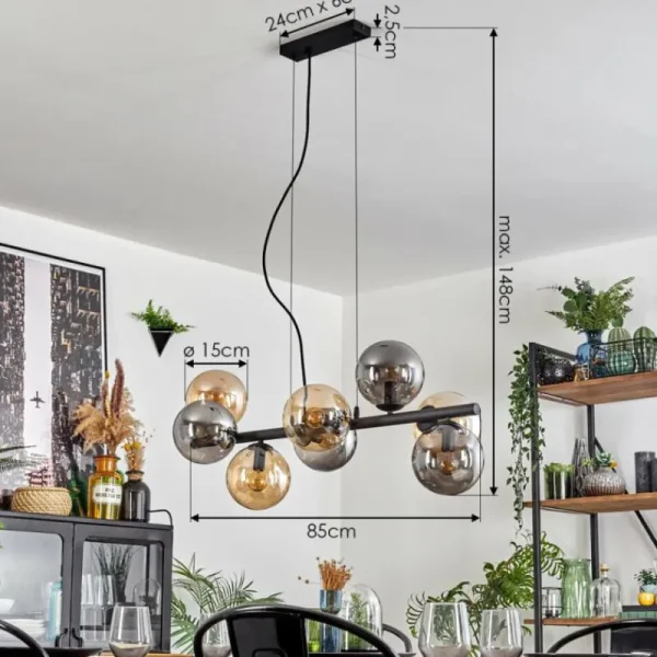 hofstein Gastor Suspension, Boule lumineuse, Suspension Ambre, Fumé, 8 lumières* Lampes Modernes