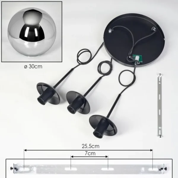 hofstein Gastor Suspension, Boule lumineuse 30 cm Chrome, Fumé, 3 lumières* Lampes Modernes