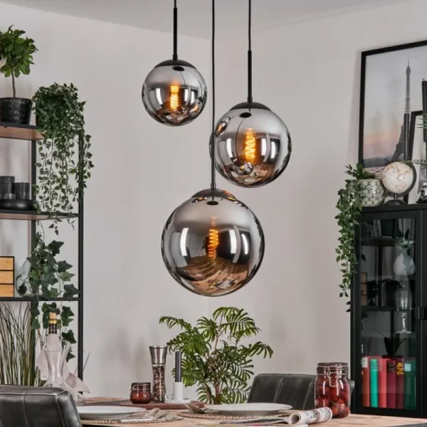 hofstein Gastor Suspension, Boule lumineuse Chrome, Fumé, 3 lumières* Lampes Modernes