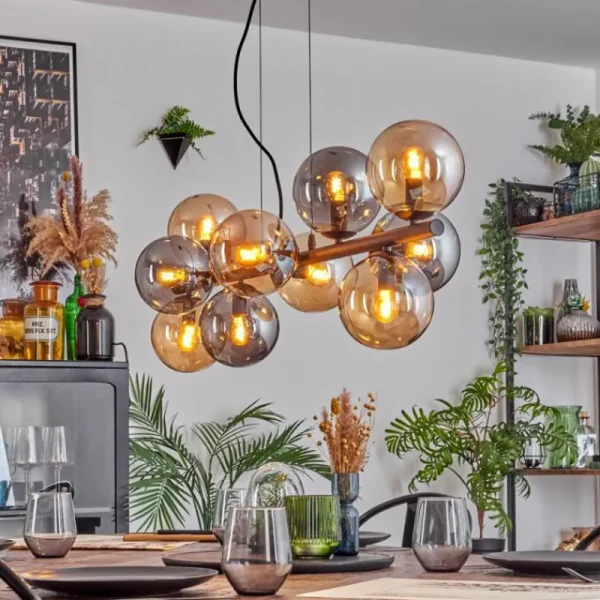 hofstein Gastor Suspension, Boule lumineuse, Suspension Ambre, Fumé, 10 lumières* Lampes Modernes