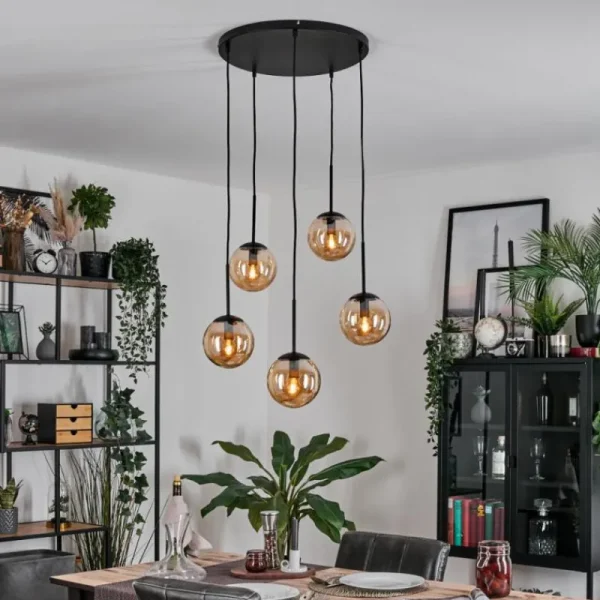 hofstein Gastor Suspension, Boule lumineuse, Suspension Ambre, 5 lumières* Lampes En Verre