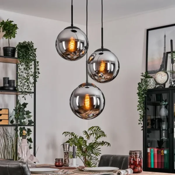 hofstein Gastor Suspension, Boule lumineuse 30 cm Chrome, Fumé, 3 lumières* Lampes Modernes