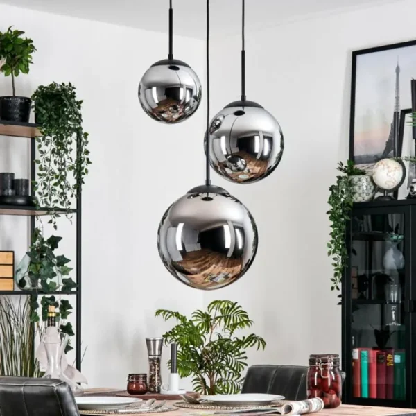 hofstein Gastor Suspension, Boule lumineuse Chrome, Fumé, 3 lumières* Lampes Modernes