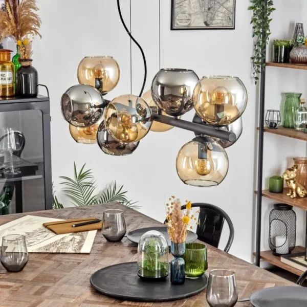 hofstein Gastor Suspension, Boule lumineuse, Suspension Ambre, Chrome, Fumé, 10 lumières* Lampes Modernes