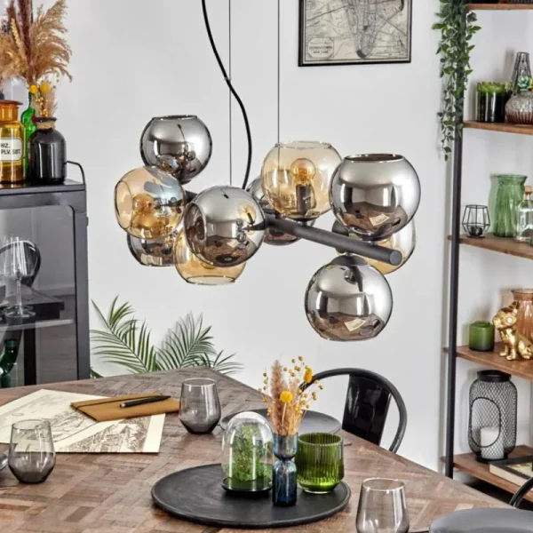 hofstein Gastor Suspension, Boule lumineuse, Suspension Ambre, Chrome, Fumé, 10 lumières* Lampes Modernes