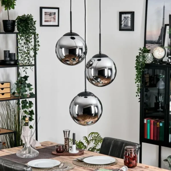 hofstein Gastor Suspension, Boule lumineuse 30 cm Chrome, Fumé, 3 lumières* Lampes Modernes