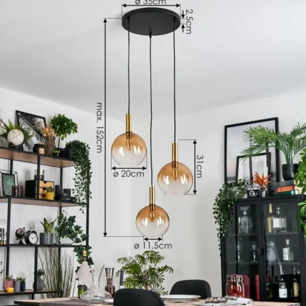 hofstein Grovsta Suspension, Boule lumineuse, Suspension Or, Noir, 3 lumières* Lampes En Verre