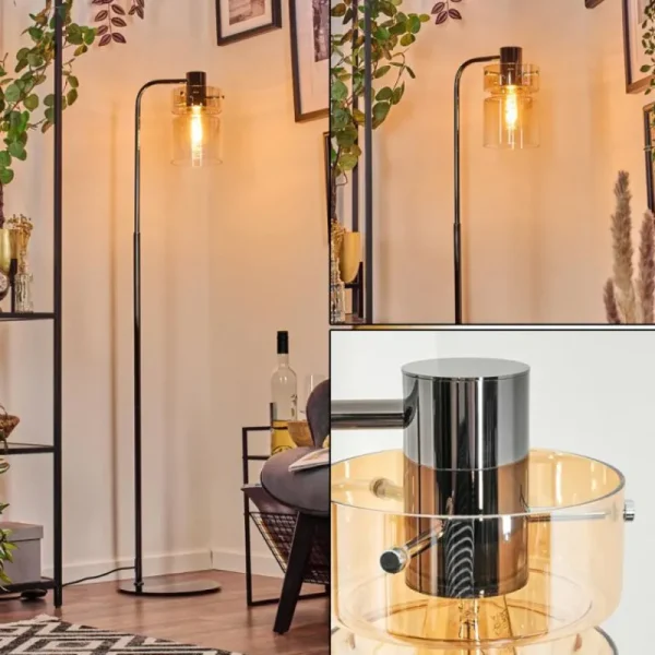 hofstein Hasvik Lampadaire Chrome, Noir, 1 lumière* Lampes En Verre