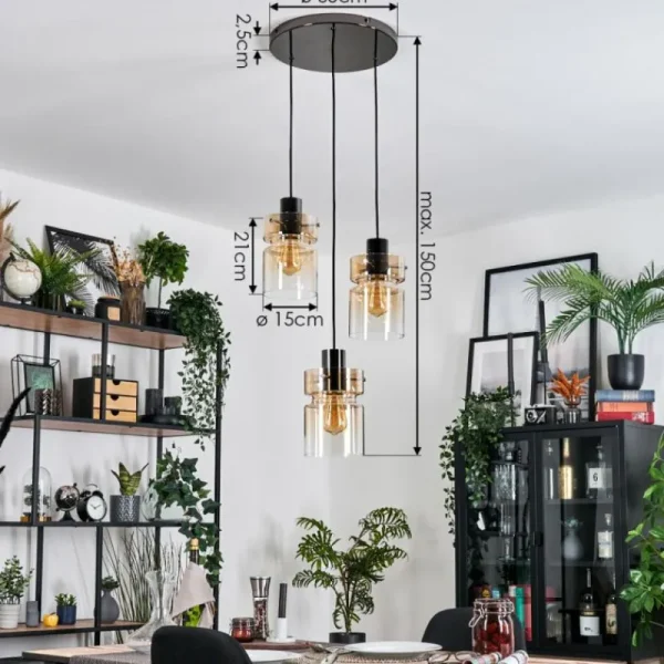 hofstein Hasvik Suspension, Suspension Chrome, Noir, 3 lumières* Lampes En Verre