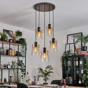hofstein Hasvik Suspension, Suspension Chrome, Noir, 5 lumières* Lampes En Verre