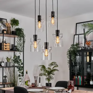 hofstein Hasvik Suspension, Suspension Chrome, Noir, 5 lumières* Lampes En Verre