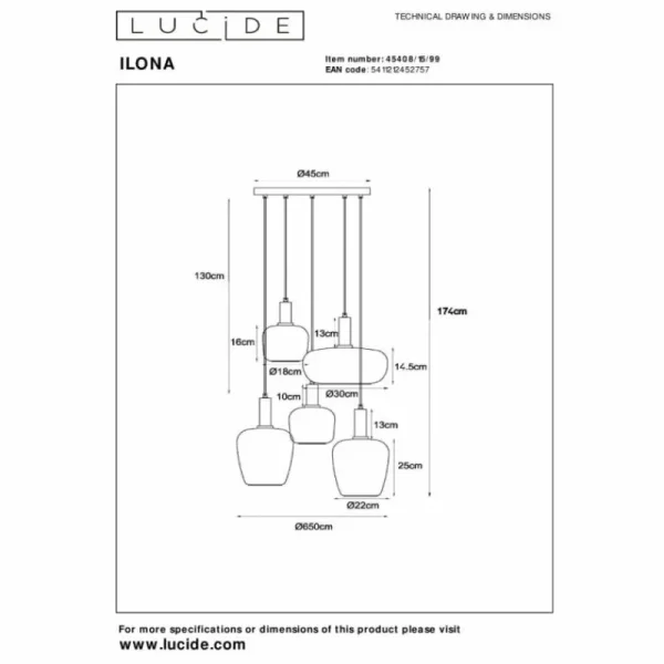 Luminaires Lucide ILONA Suspension Noir, 5 lumières* Lampes En Verre