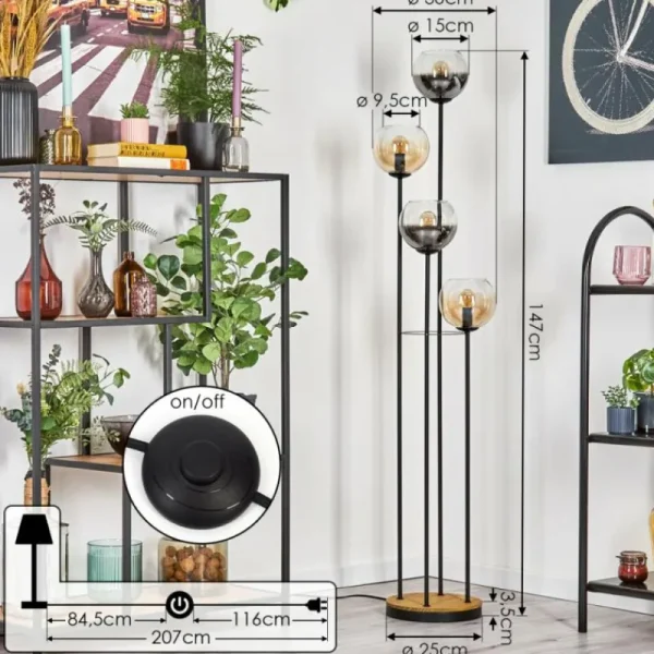 hofstein Koyoto Lampadaire 30 cm Bois foncé, Noir, 4 lumières* Lampes Modernes