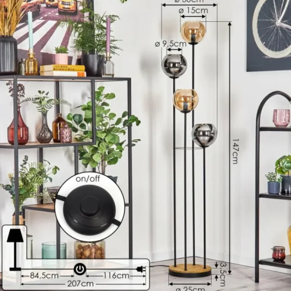 hofstein Koyoto Lampadaire 30 cm Bois foncé, Noir, 4 lumières* Lampes Modernes