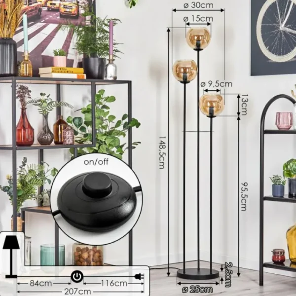 hofstein Koyoto Lampadaire Noir, 3 lumières* Lampes En Verre