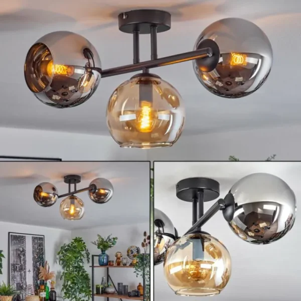 hofstein Koyoto Plafonnier, Boule lumineuse Ambre, Chrome, Fumé, 3 lumières* Lampes Modernes
