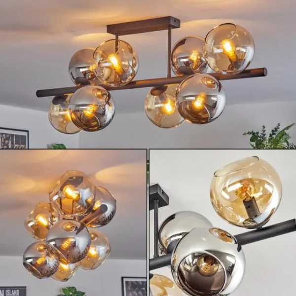 hofstein Koyoto Plafonnier, Boule lumineuse Ambre, Chrome, Fumé, 8 lumières* Lampes Modernes