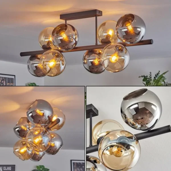 hofstein Koyoto Plafonnier, Boule lumineuse Ambre, Chrome, Fumé, 8 lumières* Lampes Modernes