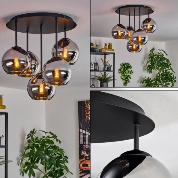 hofstein Koyoto Plafonnier, Boule lumineuse 45 cm Chrome, Fumé, 5 lumières* Lampes Modernes