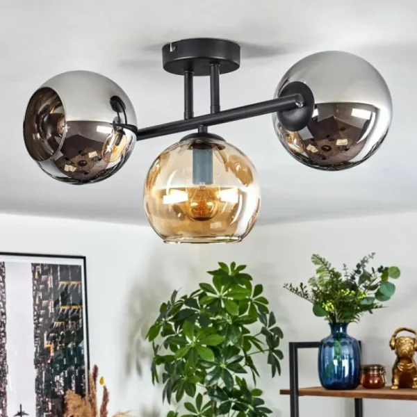 hofstein Koyoto Plafonnier, Boule lumineuse Ambre, Chrome, Fumé, 3 lumières* Lampes Modernes