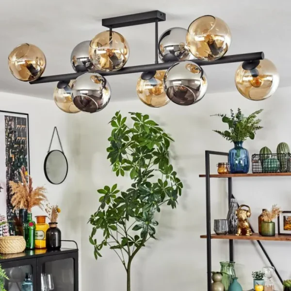 hofstein Koyoto Plafonnier, Boule lumineuse Ambre, Chrome, Fumé, 10 lumières* Lampes Modernes