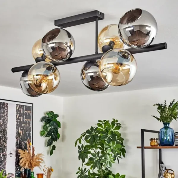 hofstein Koyoto Plafonnier, Boule lumineuse Ambre, Chrome, Fumé, 8 lumières* Lampes Modernes
